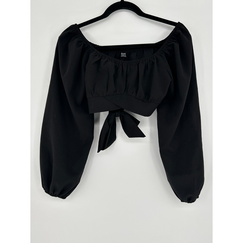 Black Cropped Going Out Blouse Womens S Long Sleeve Tie Front Boho Peasant Top